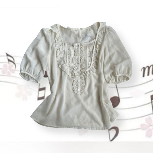 coquette balletcore l'est rose ivory half sleeve ruffle blouse
