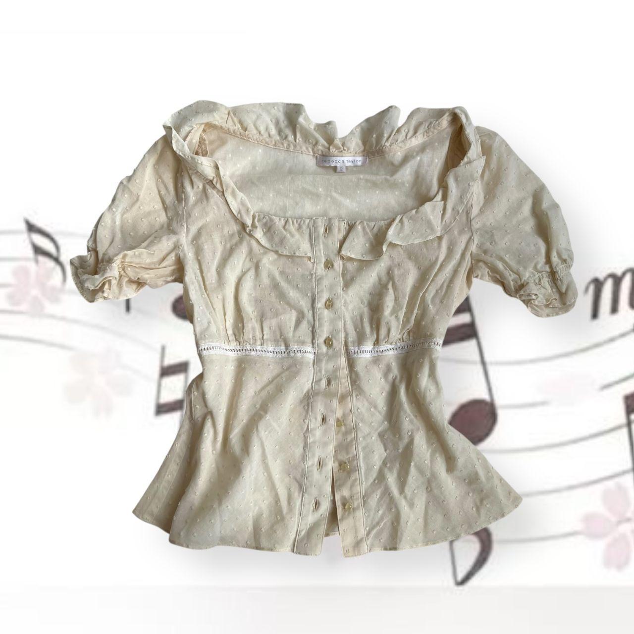 romantic balletcore rebecca taylor cream puff sleeve milkmaid polka dot frill blouse