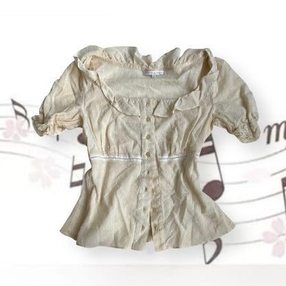 romantic balletcore rebecca taylor cream puff sleeve milkmaid polka dot frill blouse