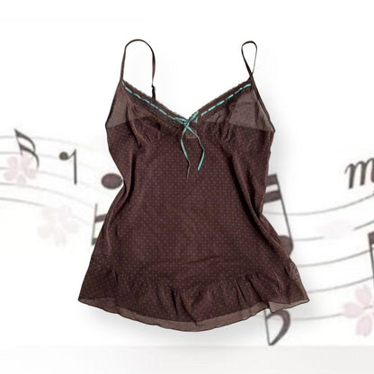 coquette preppy vintage rampage brown polka dot print sheer camisole with blue satin ribbon detail