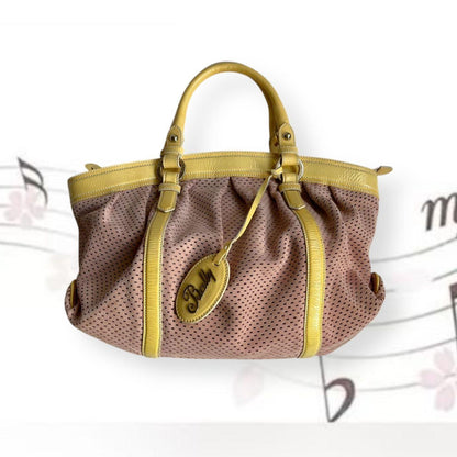 bally custard yellow patent leather x dusty pink suede puffy shoulder bag