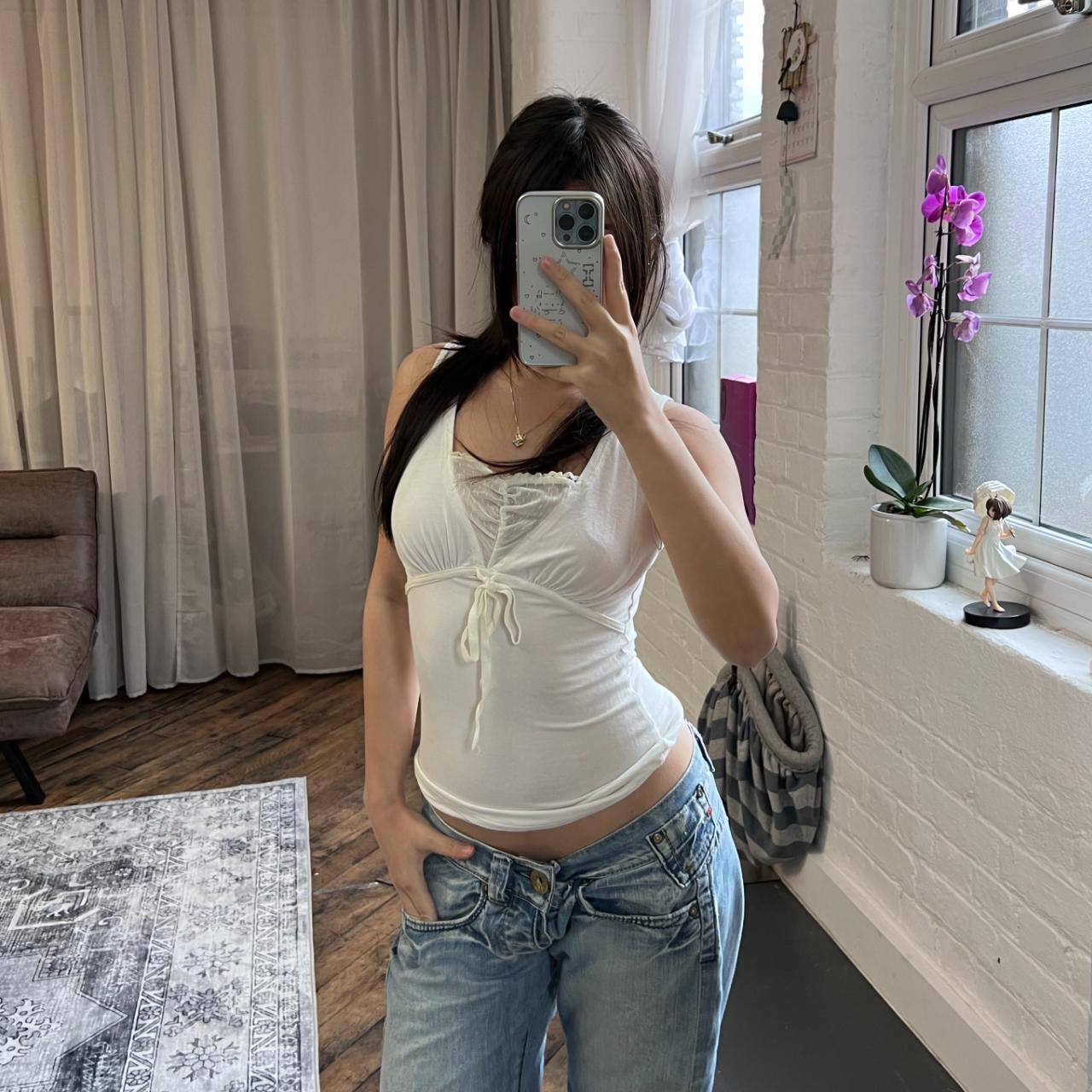 morgan de toi white coquette boho milkmaid layered vest top with front ribbon detail