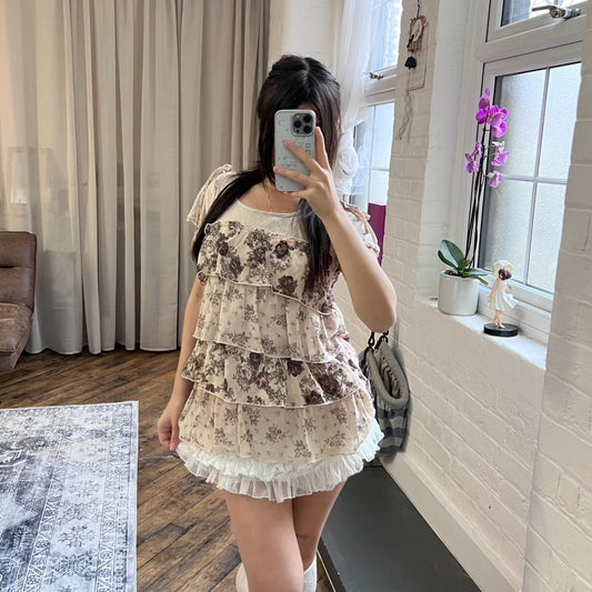 rosa cheri mori kei coquette beige floral print tiered ruffle two in one top