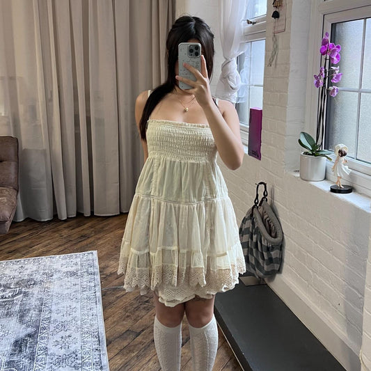 dreamy cottage prairie beige coco deal babydoll ruched bust babydoll flared mini dress