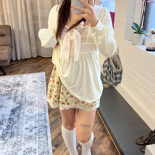 coquette ld prime cream mori kei pink floral print lace hem straight mini skirt