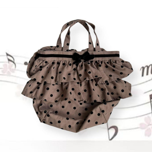 le cou cou mori kei coquette brown ruffle tiered black ribbon polka dot tote bag