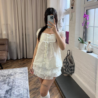 coquette ivory white ant werpen ruched cap sleeve lacey milkmaid style blouse