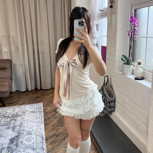 morgan balletcore pink beige v neck front satin ribbon short sleeve top