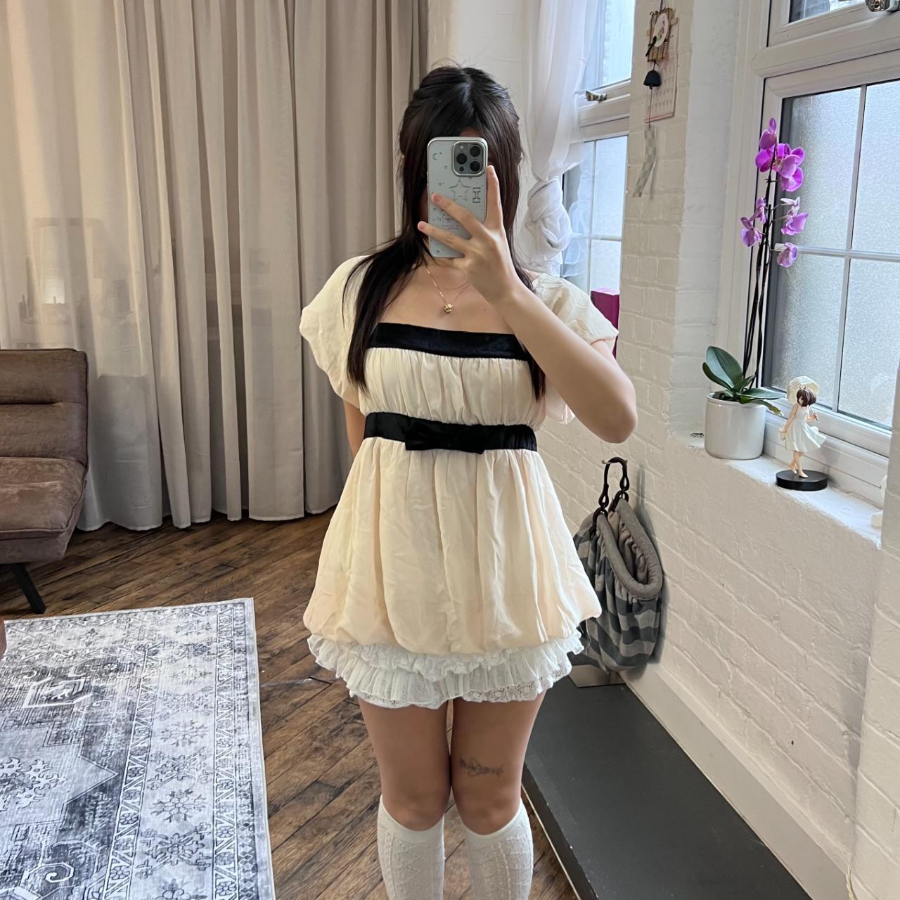 coquette ivory beige prime pattern ruched layered babydoll blouse