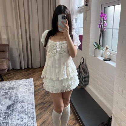 twin set broderie anglaise filigree style lacey crochet white flared sleeve tunic blouse