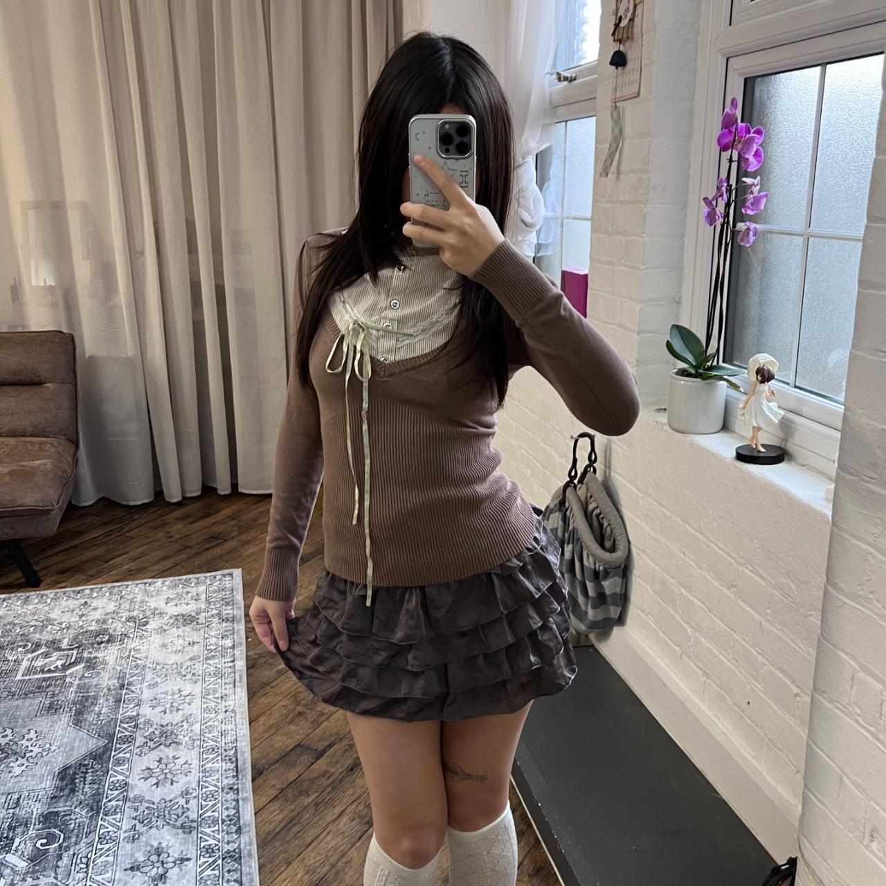 brown milkmaid long sleeve striped lacey collared long sleeve knit + blouse two in one top