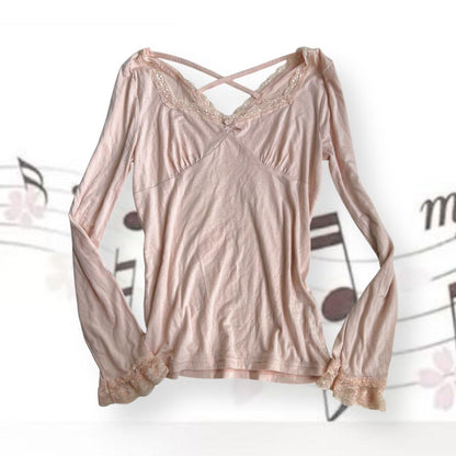 coquette angelic pink long sleeve liz lisa lacey square neck top with criss cross back detailing and frilly sleeve hem