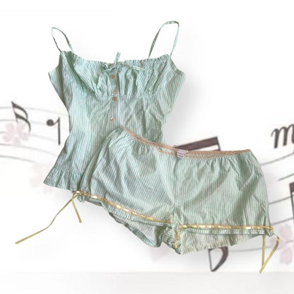 vintage fifi chachnil mint green pinstripe camisole + puff frill hem shorts two piece pyjama set