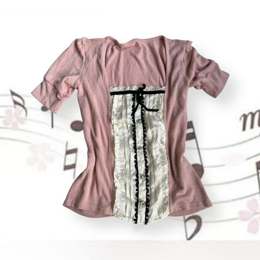 coquette cecil mcbee pink puff sleeve two in one faux layered white pleated camisole top