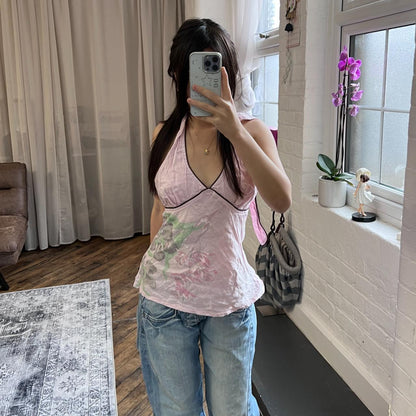 vintage dept romantic boho floral baby pink halter neck top