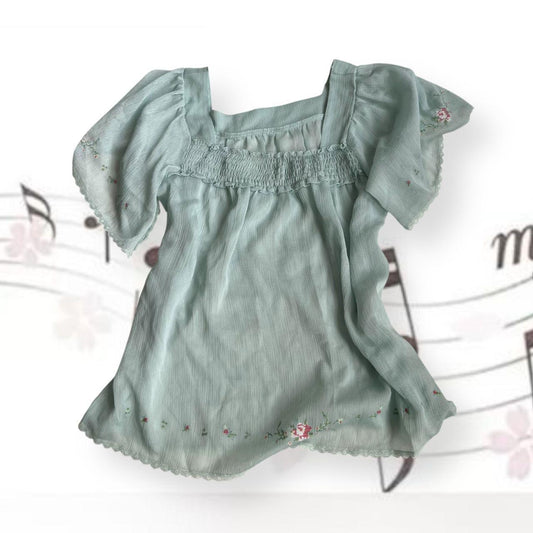 l'est rose coquette fairy mint green ruched flared blouse with pink floral embroidery