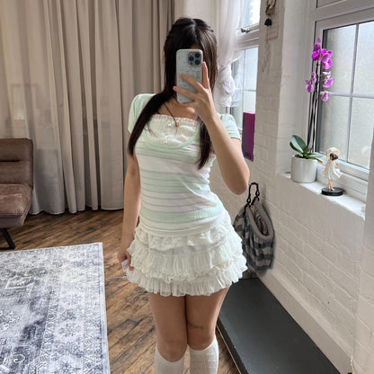 coquette preppy mint pin curl puff sleeve milkmaid layered bust striped top