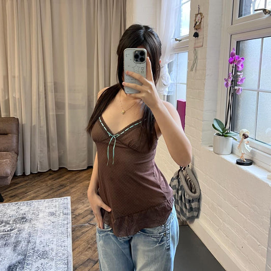 coquette preppy vintage rampage brown polka dot print sheer camisole with blue satin ribbon detail