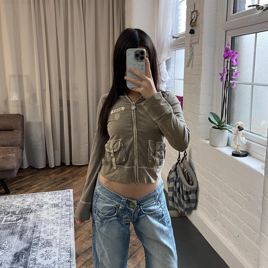 preppy prideglide khaki buckle pocket zip hoodie jacket