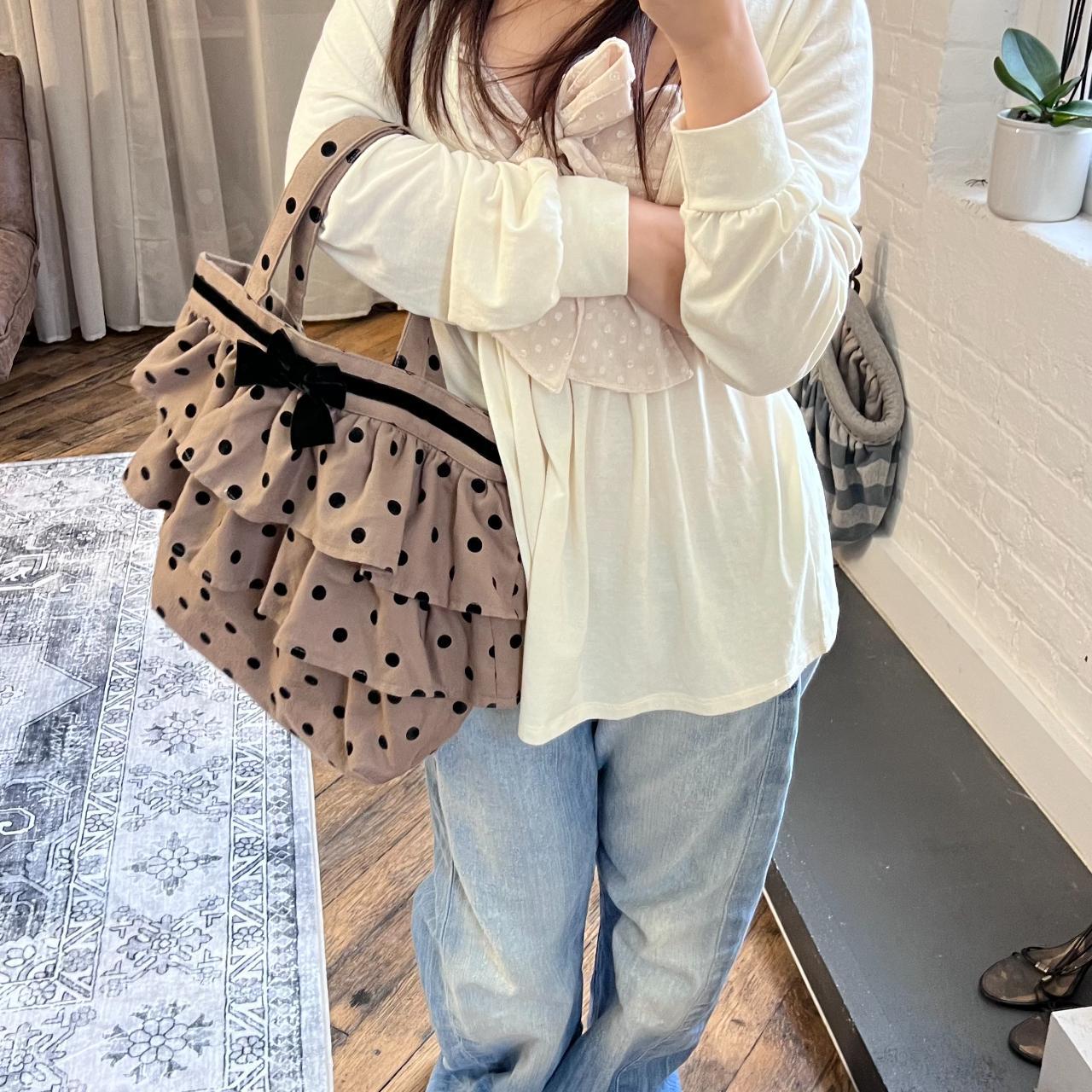 le cou cou mori kei coquette brown ruffle tiered black ribbon polka dot tote bag