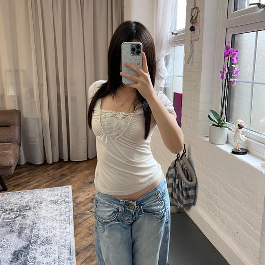 stone greige coquette morgan de toi puff sleeve ruched bust top