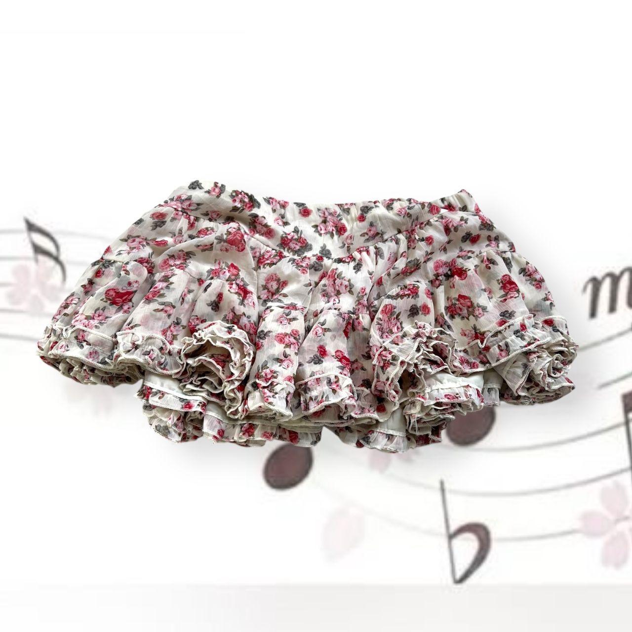 coquette finemotion off white mori kei pink floral print puffy frill mini skirt