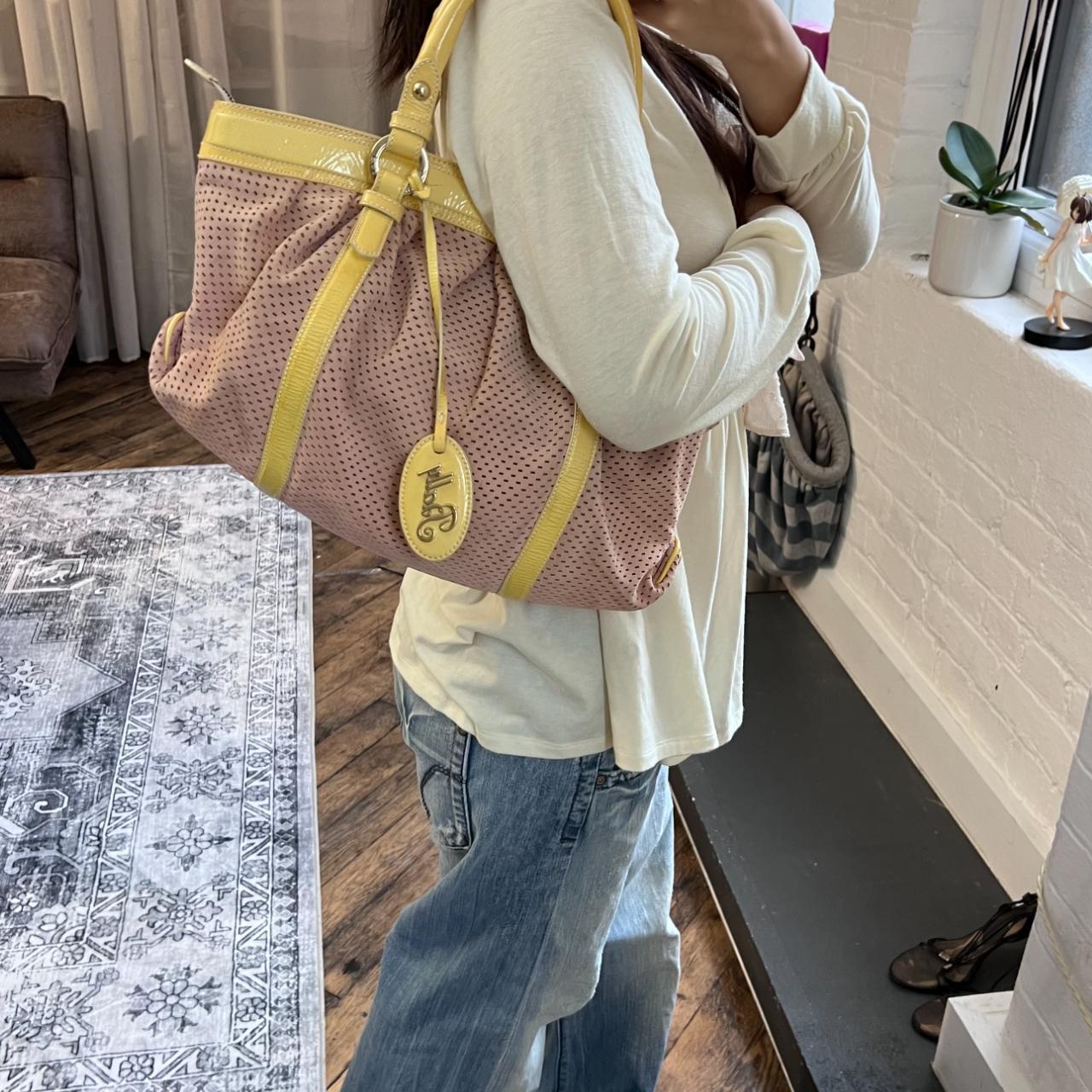 bally custard yellow patent leather x dusty pink suede puffy shoulder bag