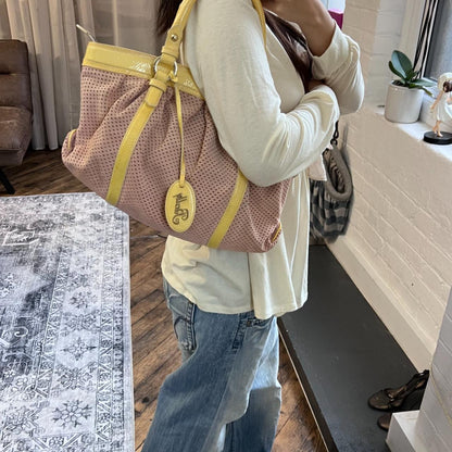 bally custard yellow patent leather x dusty pink suede puffy shoulder bag