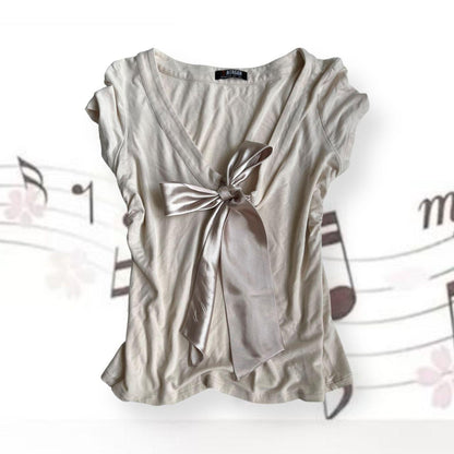 morgan balletcore pink beige v neck front satin ribbon short sleeve top