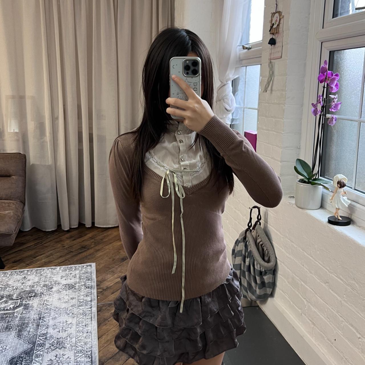 brown milkmaid long sleeve striped lacey collared long sleeve knit + blouse two in one top