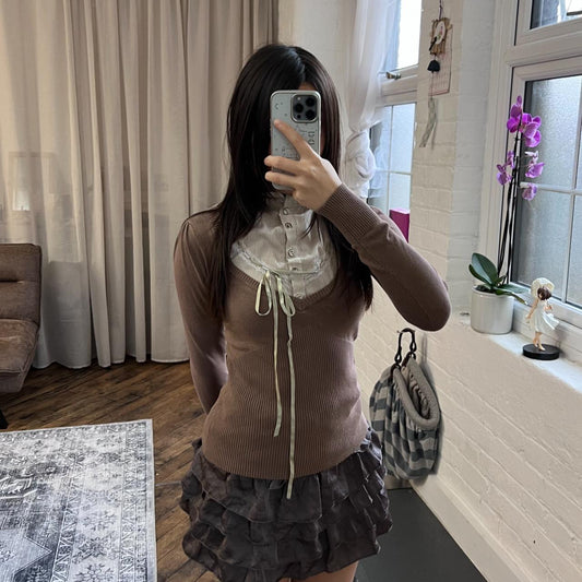 brown milkmaid long sleeve striped lacey collared long sleeve knit + blouse two in one top