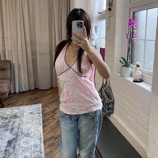 vintage dept romantic boho floral baby pink halter neck top