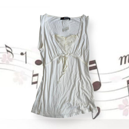morgan de toi white coquette boho milkmaid layered vest top with front ribbon detail