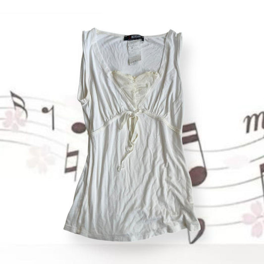 morgan de toi white coquette boho milkmaid layered vest top with front ribbon detail