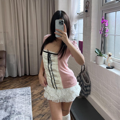 coquette cecil mcbee pink puff sleeve two in one faux layered white pleated camisole top