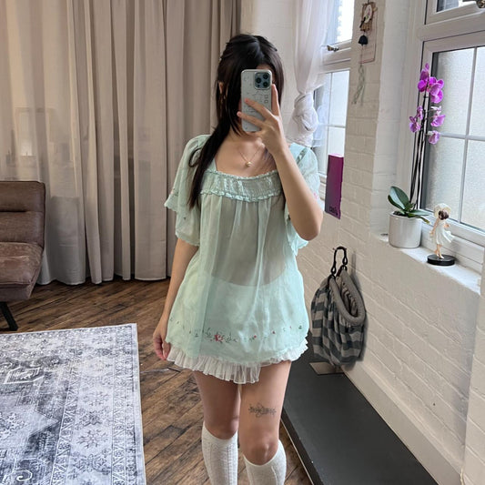 l'est rose coquette fairy mint green ruched flared blouse with pink floral embroidery