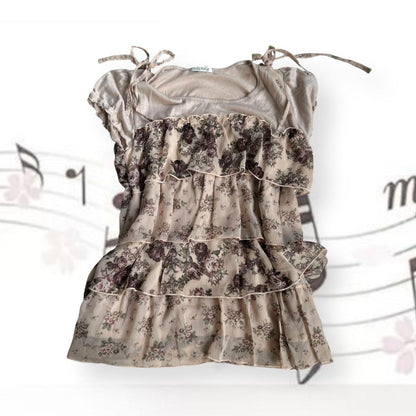 rosa cheri mori kei coquette beige floral print tiered ruffle two in one top