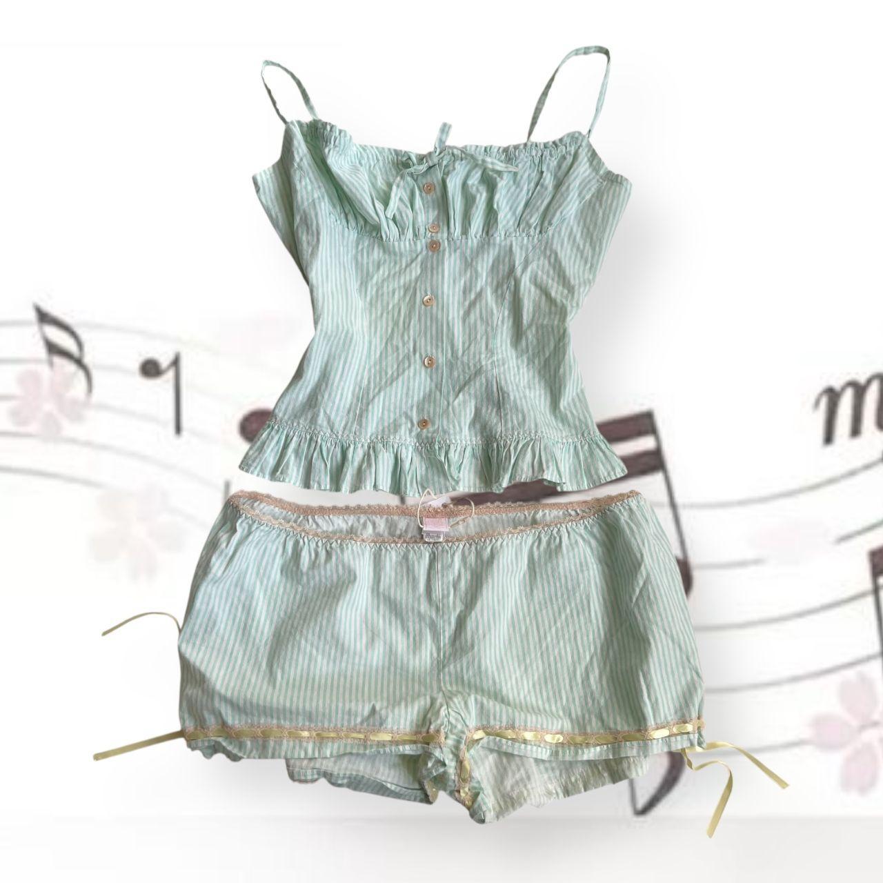 vintage fifi chachnil mint green pinstripe camisole + puff frill hem shorts two piece pyjama set