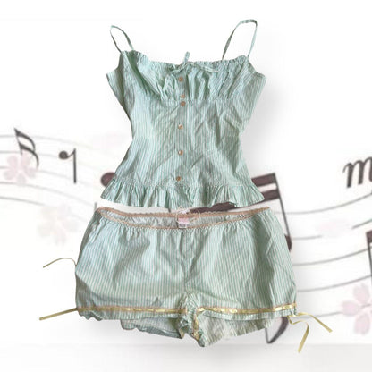 vintage fifi chachnil mint green pinstripe camisole + puff frill hem shorts two piece pyjama set