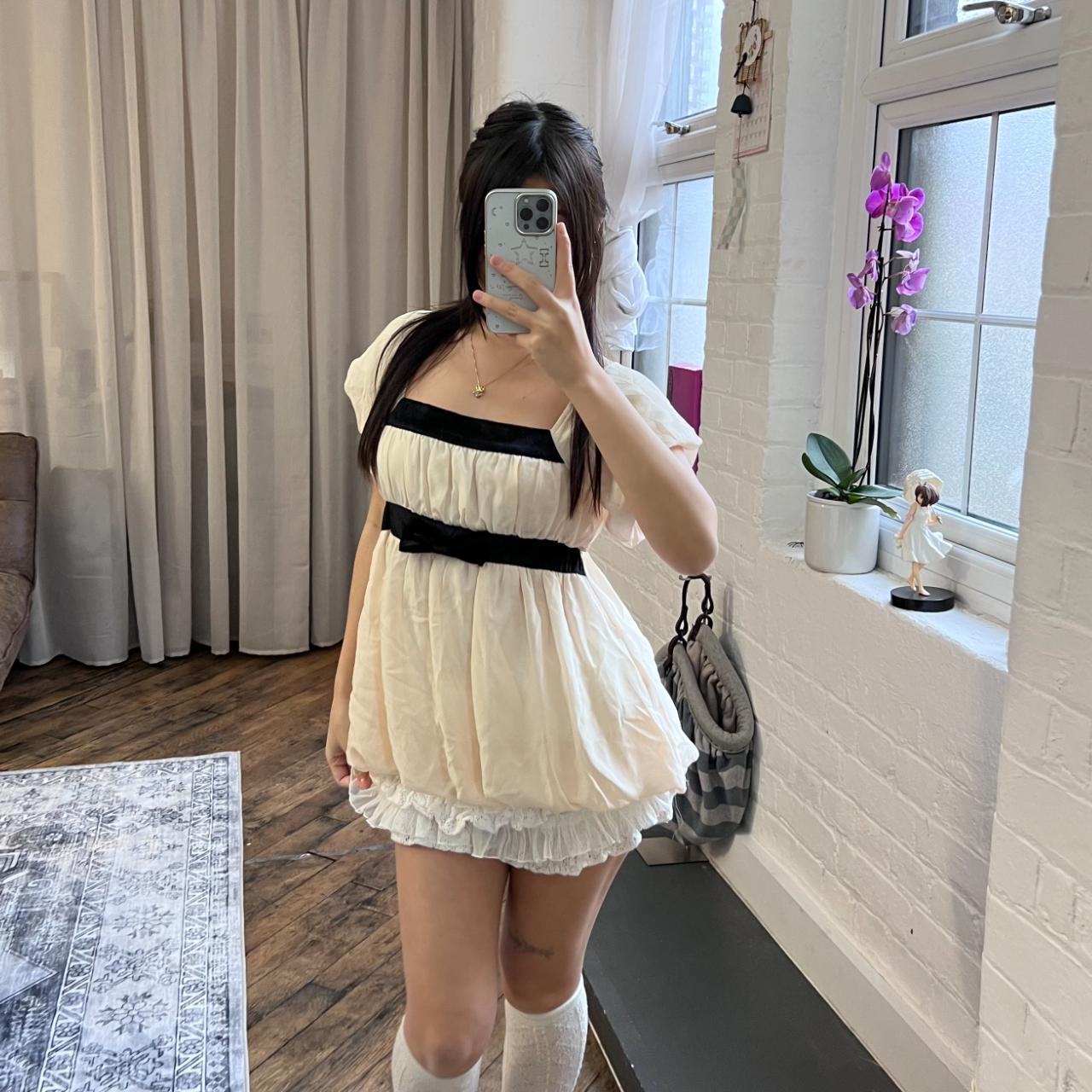 coquette ivory beige prime pattern ruched layered babydoll blouse