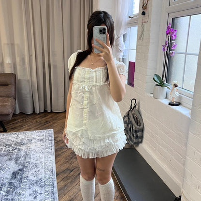 coquette ivory white ant werpen ruched cap sleeve lacey milkmaid style blouse