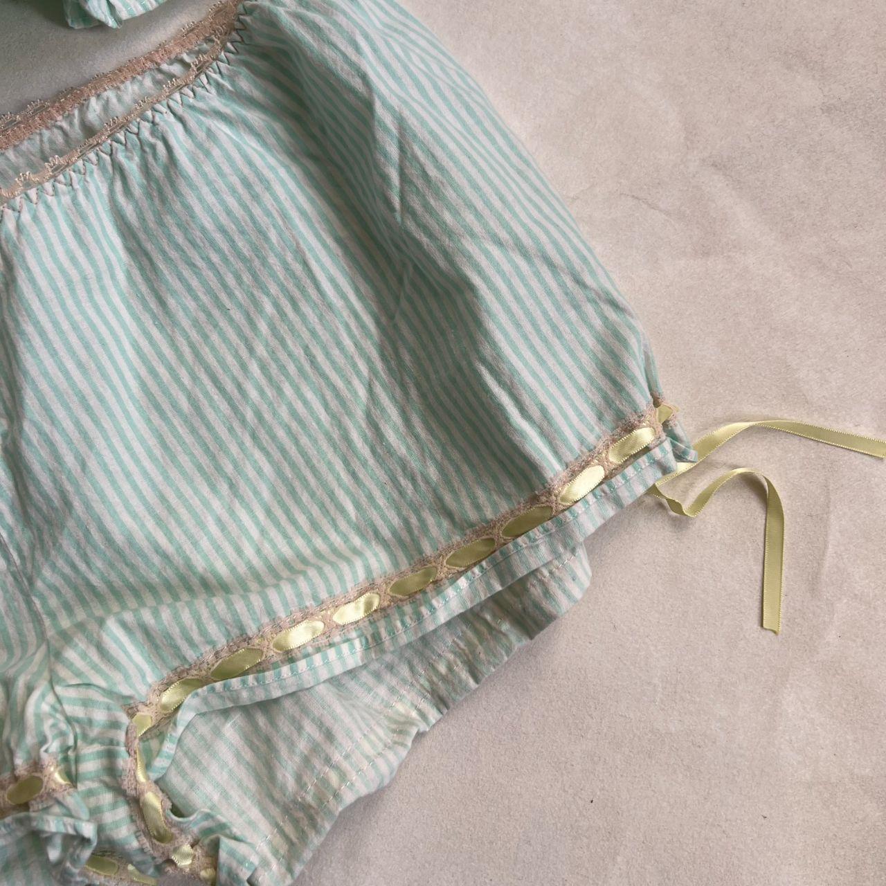 vintage fifi chachnil mint green pinstripe camisole + puff frill hem shorts two piece pyjama set