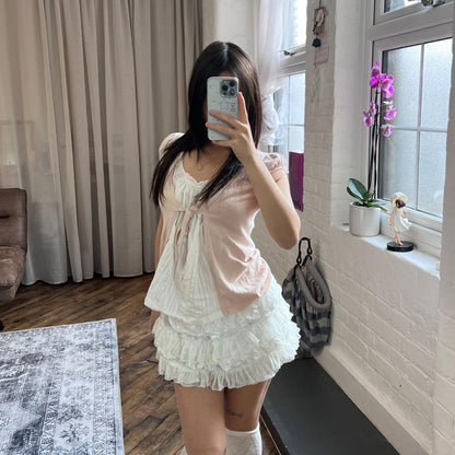 kookai coquette peach pink puff sleeve bolero x milkmaid blouse two in one layered top