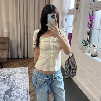 romantic balletcore rebecca taylor cream puff sleeve milkmaid polka dot frill blouse