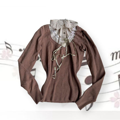 brown milkmaid long sleeve striped lacey collared long sleeve knit + blouse two in one top