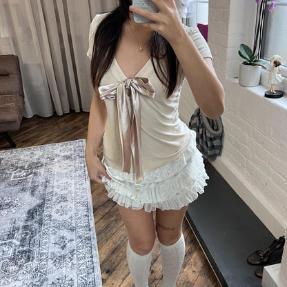 morgan balletcore pink beige v neck front satin ribbon short sleeve top