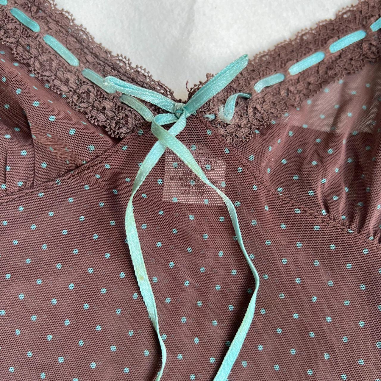 coquette preppy vintage rampage brown polka dot print sheer camisole with blue satin ribbon detail