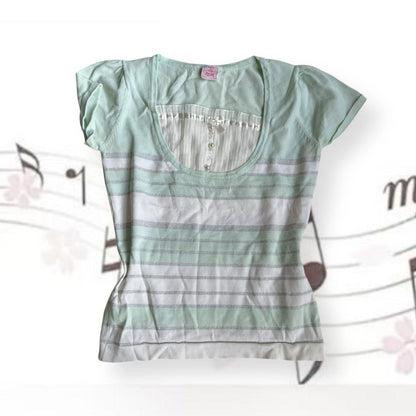 coquette preppy mint pin curl puff sleeve milkmaid layered bust striped top