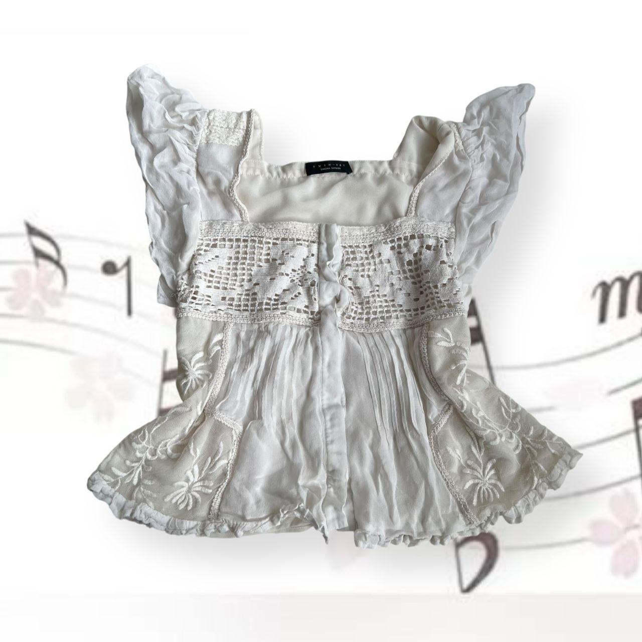 twin set broderie anglaise filigree style lacey crochet white flared sleeve tunic blouse