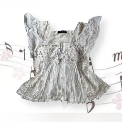 twin set broderie anglaise filigree style lacey crochet white flared sleeve tunic blouse